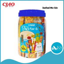 Load image into Gallery viewer, Ciao Chu Ru Cat Treats Mix Tub Bottle 50s
