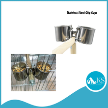 Load image into Gallery viewer, KSPH Stainless Steel Clip Cups 4 sizes Parrot Bird Feeder on Perch (KSPH0005/KSPH0006/KSPH0007/KSPH0008)