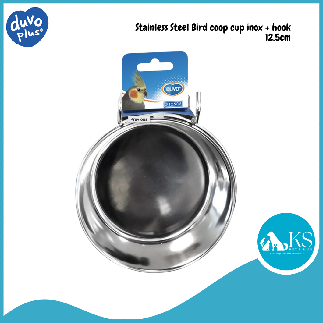 Duvo #9-43101/ #9-43102/ #9-43103/ #9-43104 Stainless Steel Bird coop cup inox + hook Parrot Feeder Bowl