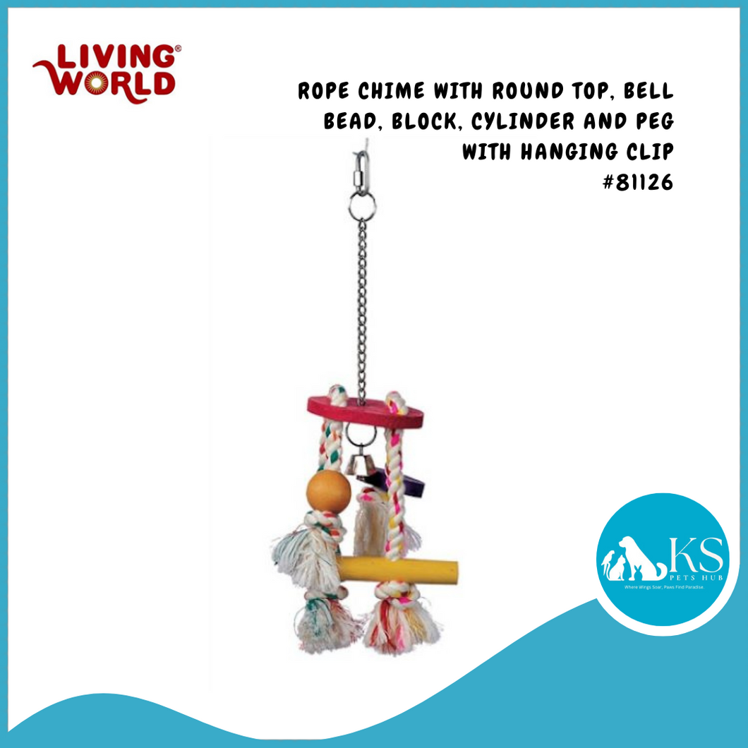Living World Junglewood Bird Toy #81126 - Rope Chime with Round Top, Bell Bead, Block, Cylinder and Peg with Hanging Clip